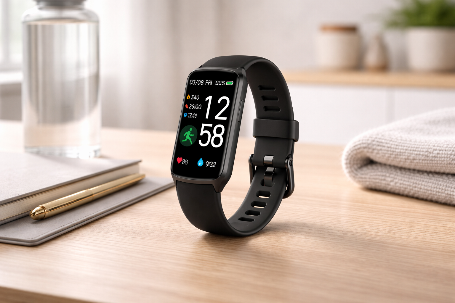 Black health fitness tracker with a large display shown on a modern desk in a bright wellness setting.