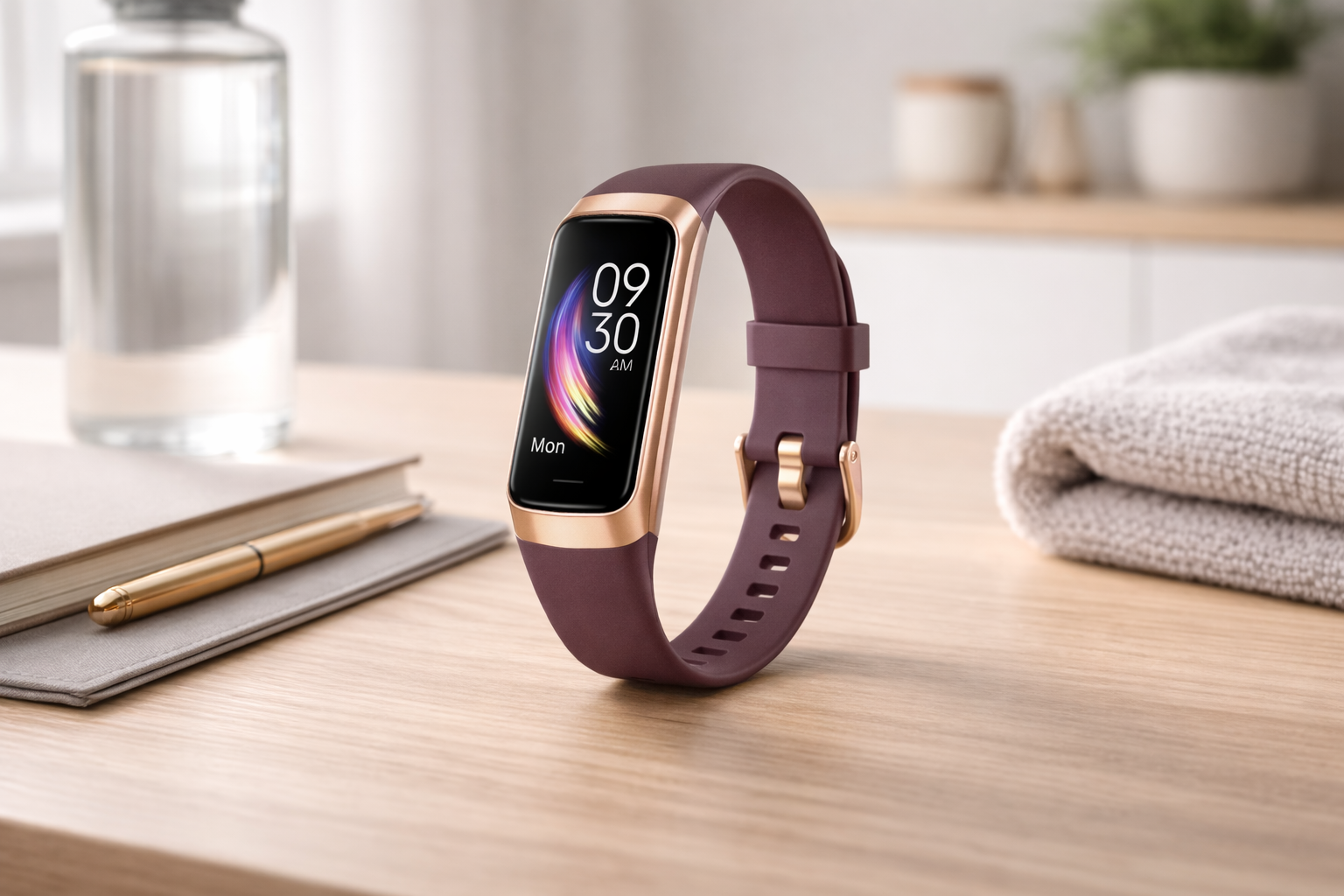 Stylish fitness tracker with Bordeaux strap and bright AMOLED display shown in a modern lifestyle setting.