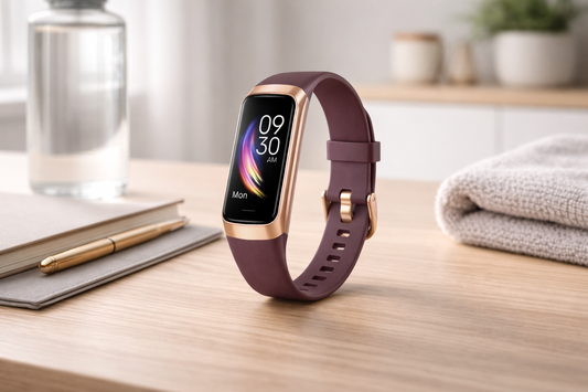 Stylish fitness tracker with Bordeaux strap and bright AMOLED display shown in a modern lifestyle setting.