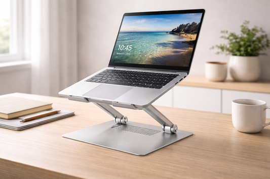 Silver adjustable laptop stand holding an open laptop on a clean modern desk in a bright home office.