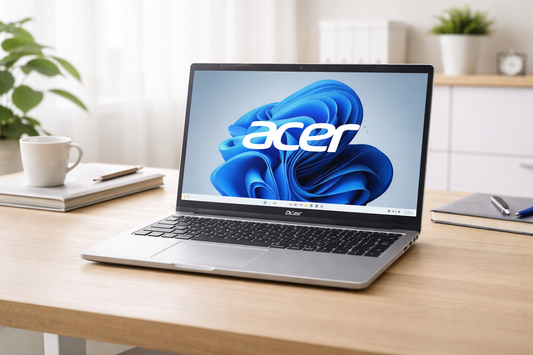 Acer Aspire Go 15 laptop open on a modern desk in a bright home office setup.
