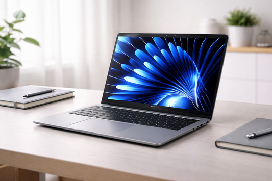 GEEKOM GeekBook X14 Pro laptop open on a modern desk in a bright premium office setting.