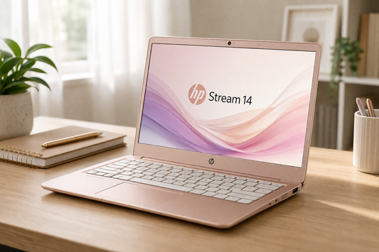 HP Stream 14 laptop in gold on a modern desk in a bright home office setting.