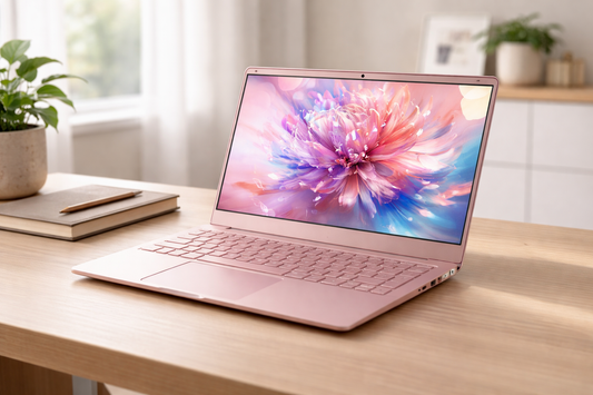 Rose gold 15.6-inch laptop open on a modern desk in a bright home office setting.