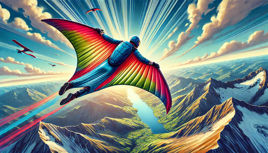 A vibrant and dynamic illustration of a wingsuit flyer gliding through the air, showcasing the thrill and freedom of wingsuit flying.