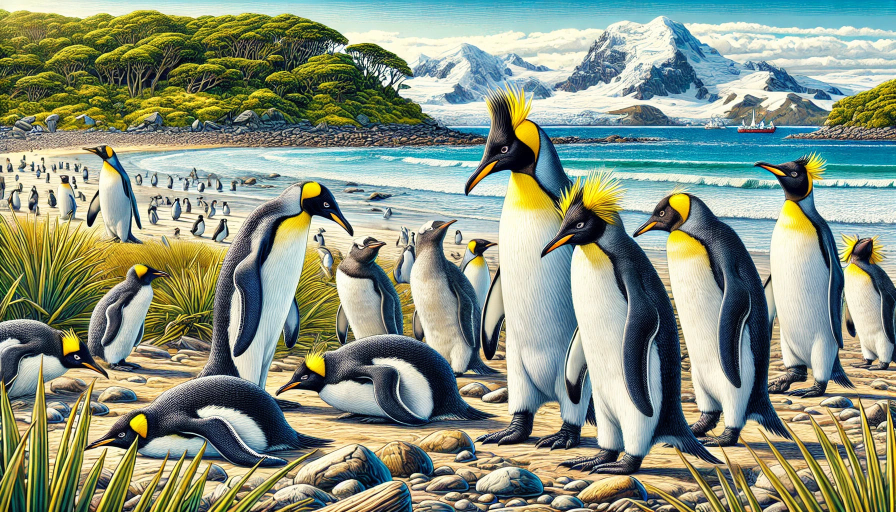 Illustration of several Royal Penguins in their natural habitat on Macquarie Island, featuring distinctive yellow crests, white faces, and black-and-white plumage.