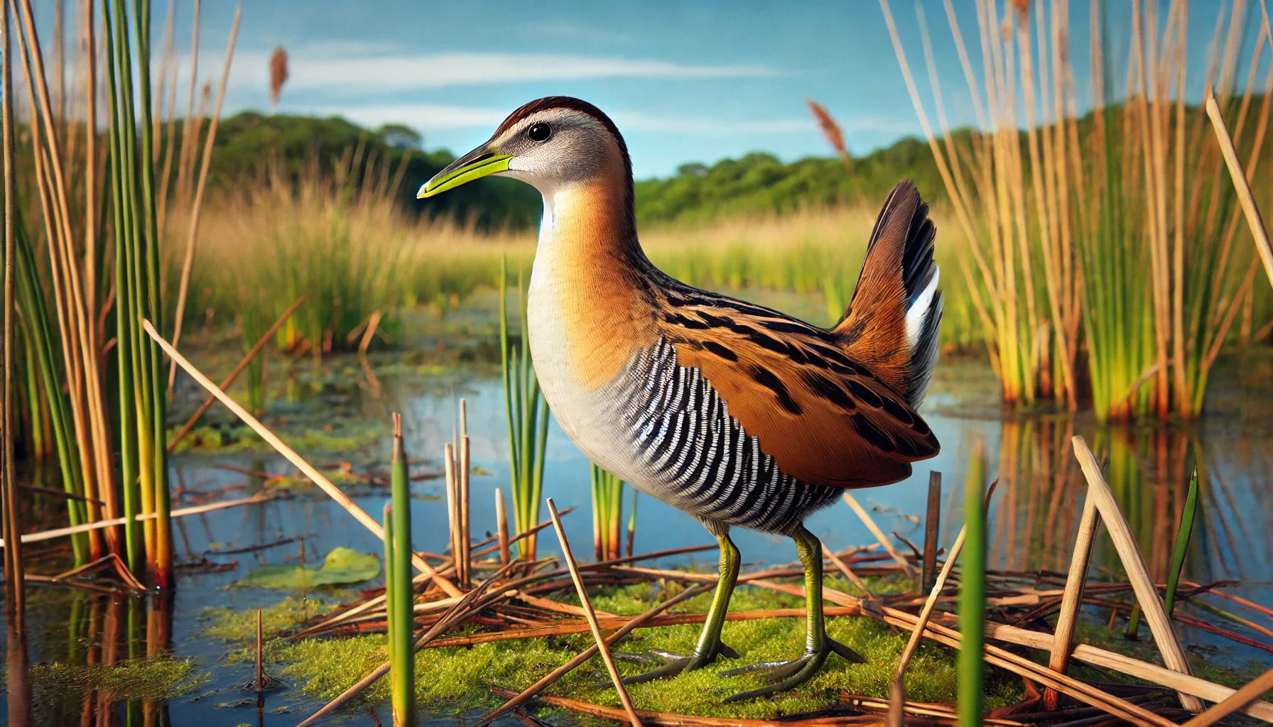 Buff-banded Rail standing on a mossy wetland mat among tall reeds, with orange-brown back, white throat, and black-and-white striped belly.