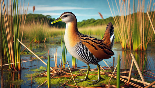 Buff-banded Rail standing on a mossy wetland mat among tall reeds, with orange-brown back, white throat, and black-and-white striped belly.