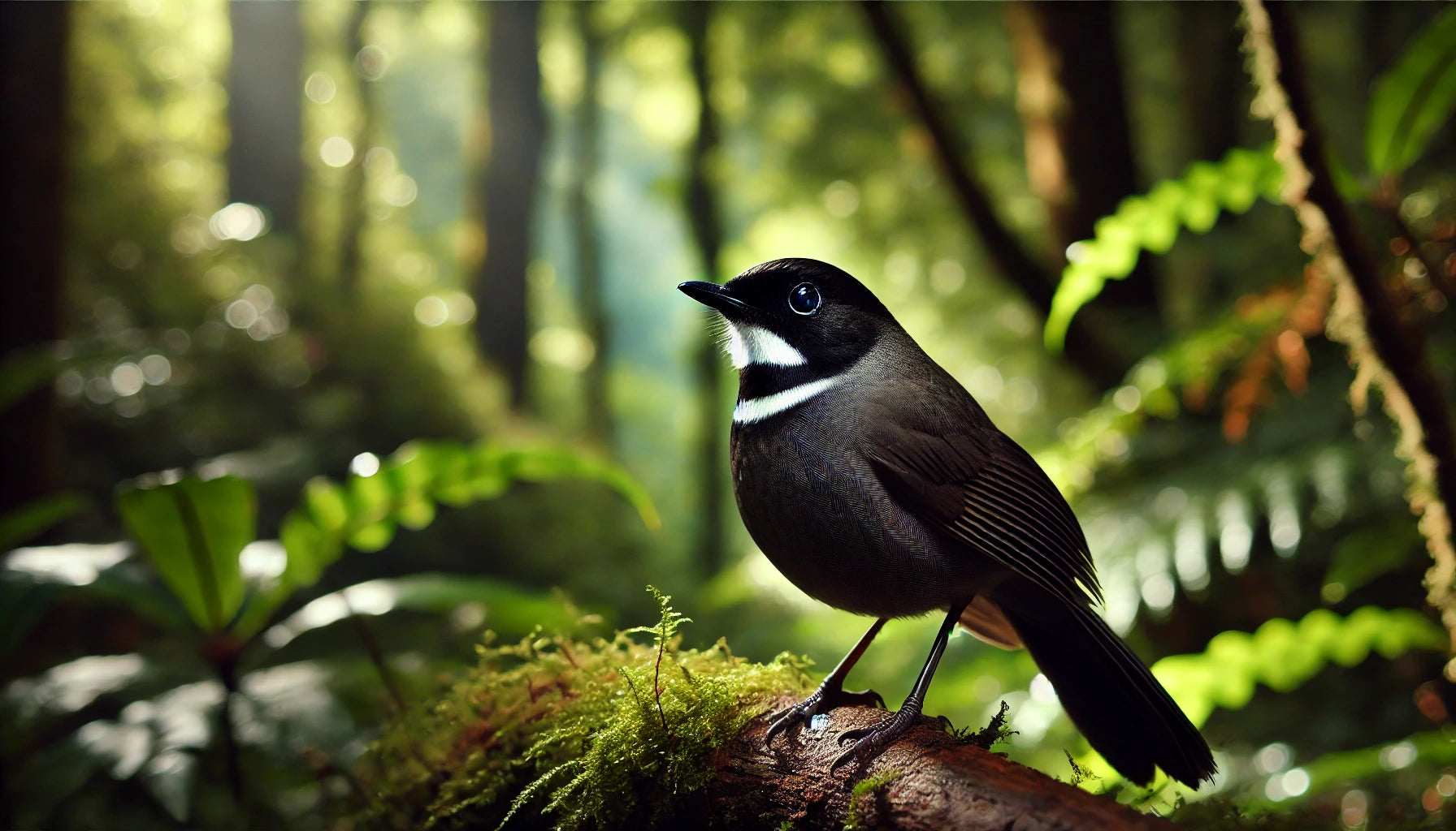 A Black-throated Laughingthrush perched on a tree branch in a dense evergreen forest. The bird has a striking black throat and face, with a white crescent behind the eyes, and a grey-brown body.