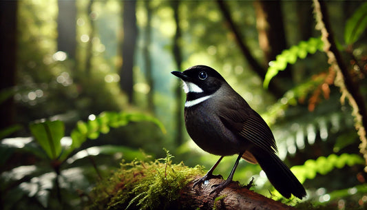 A Black-throated Laughingthrush perched on a tree branch in a dense evergreen forest. The bird has a striking black throat and face, with a white crescent behind the eyes, and a grey-brown body.