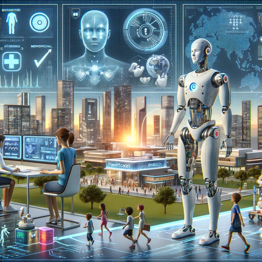 A futuristic scene showcasing advancements in artificial intelligence. The image features humanoid robots collaborating with humans in a high-tech office, AI systems monitoring healthcare diagnostics.