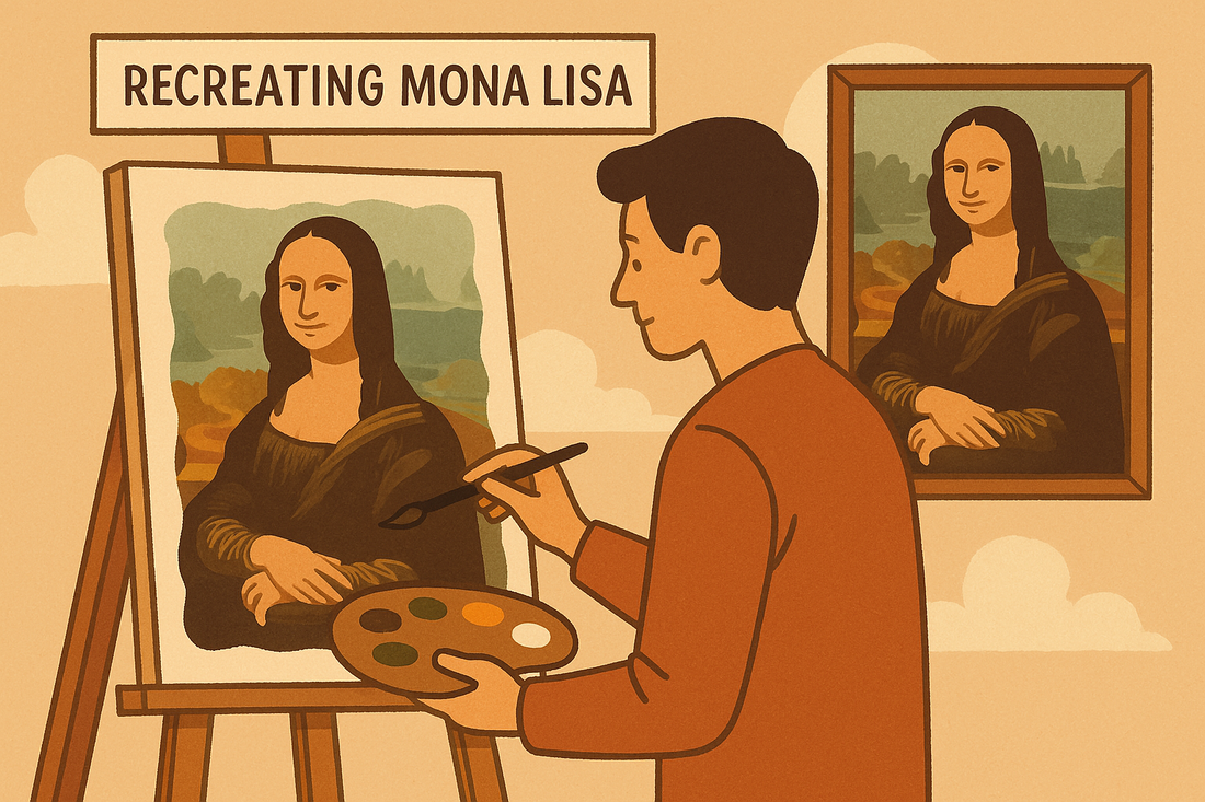 A digital illustration of an artist painting a modern recreation of the Mona Lisa. The artist stands at an easel, brush in hand, carefully working on a simplified version of the iconic portrait.