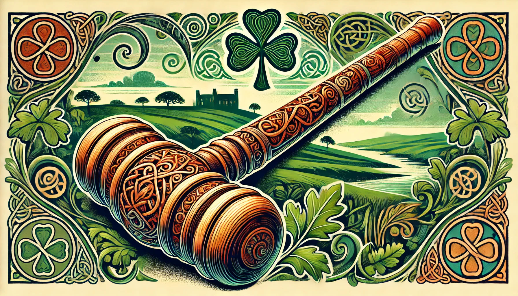 A detailed and vibrant illustration of a Shillelagh, the traditional Irish wooden club. The image showcases the Shillelagh’s robust construction, knobbed head, and intricate carvings or engravings.
