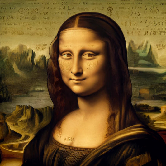 Leonardo da Vinci's Mona Lisa with subtle hidden symbols, featuring the famous enigmatic smile, a detailed surreal landscape, and faint initials 'L' and 'S' in the eyes, along with the number '72' subtly placed in the background.