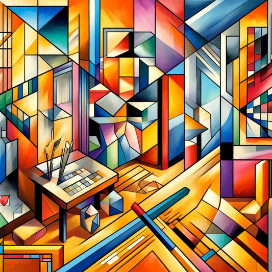 A vibrant Cubist painting with geometric shapes and fragmented forms, featuring multiple perspectives and abstract depictions of objects and figures, set against a background with studio elements