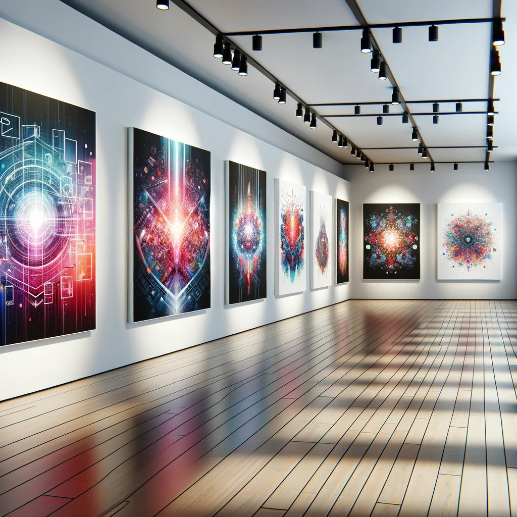 Modern art gallery displaying a series of digital artworks on canvases.