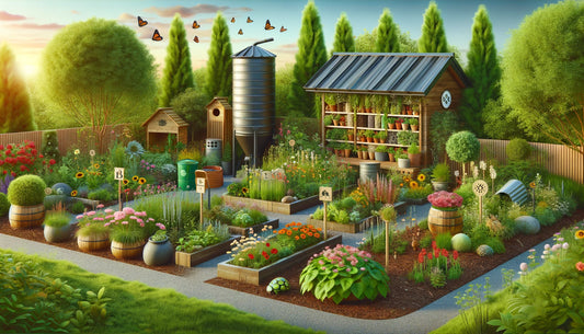 An eco-friendly garden featuring sustainable gardening practices. The garden includes native plants, a rainwater harvesting system, a compost bin, and a variety of pollinator-friendly flowers.