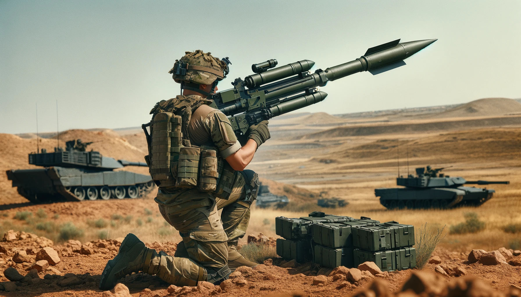 A soldier using a Javelin Anti-Tank Missile system in a battlefield setting. The soldier is kneeling and aiming the launcher, which is mounted on his shoulder, ready to fire.