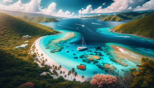 Stunning view of the British Virgin Islands featuring crystal-clear turquoise waters, white sandy beaches, and lush green hills. A sailboat is anchored near the shore, with vibrant coral reefs visible beneath the water.