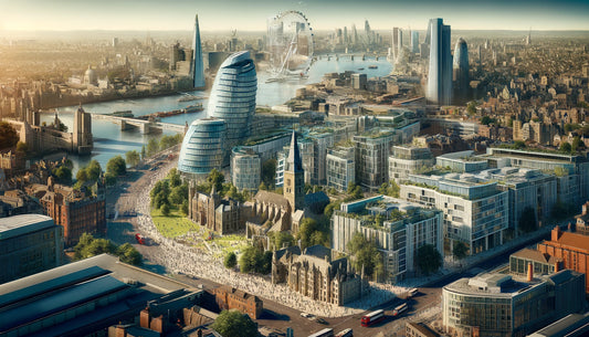 Detailed view of London, UK, showcasing its modern skyline with iconic buildings like The Shard and the London Eye.