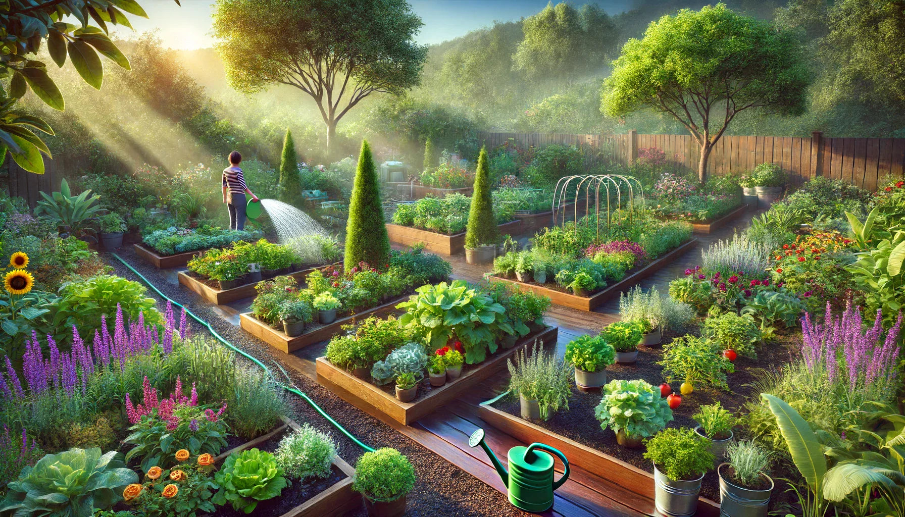 A person waters a lush, raised-bed garden using a green hose, with sunlight streaming through trees.