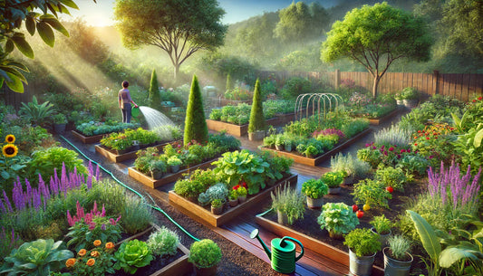 A person waters a lush, raised-bed garden using a green hose, with sunlight streaming through trees.