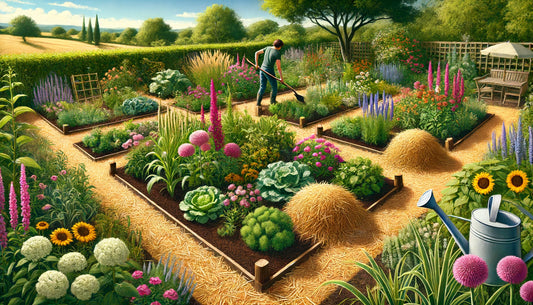a lush garden with various plants, well-mulched with organic materials like straw and wood chips.
