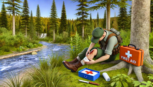 a person practicing first aid skills in the wilderness. The image captures the essence of being prepared and the importance of first aid in nature.