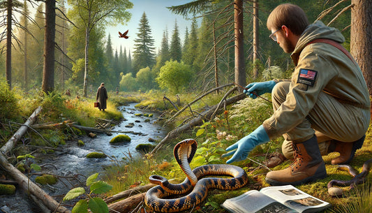 detailed scene of a person in a wilderness setting identifying a snake. The image captures the importance of understanding and safely identifying snakes in nature.