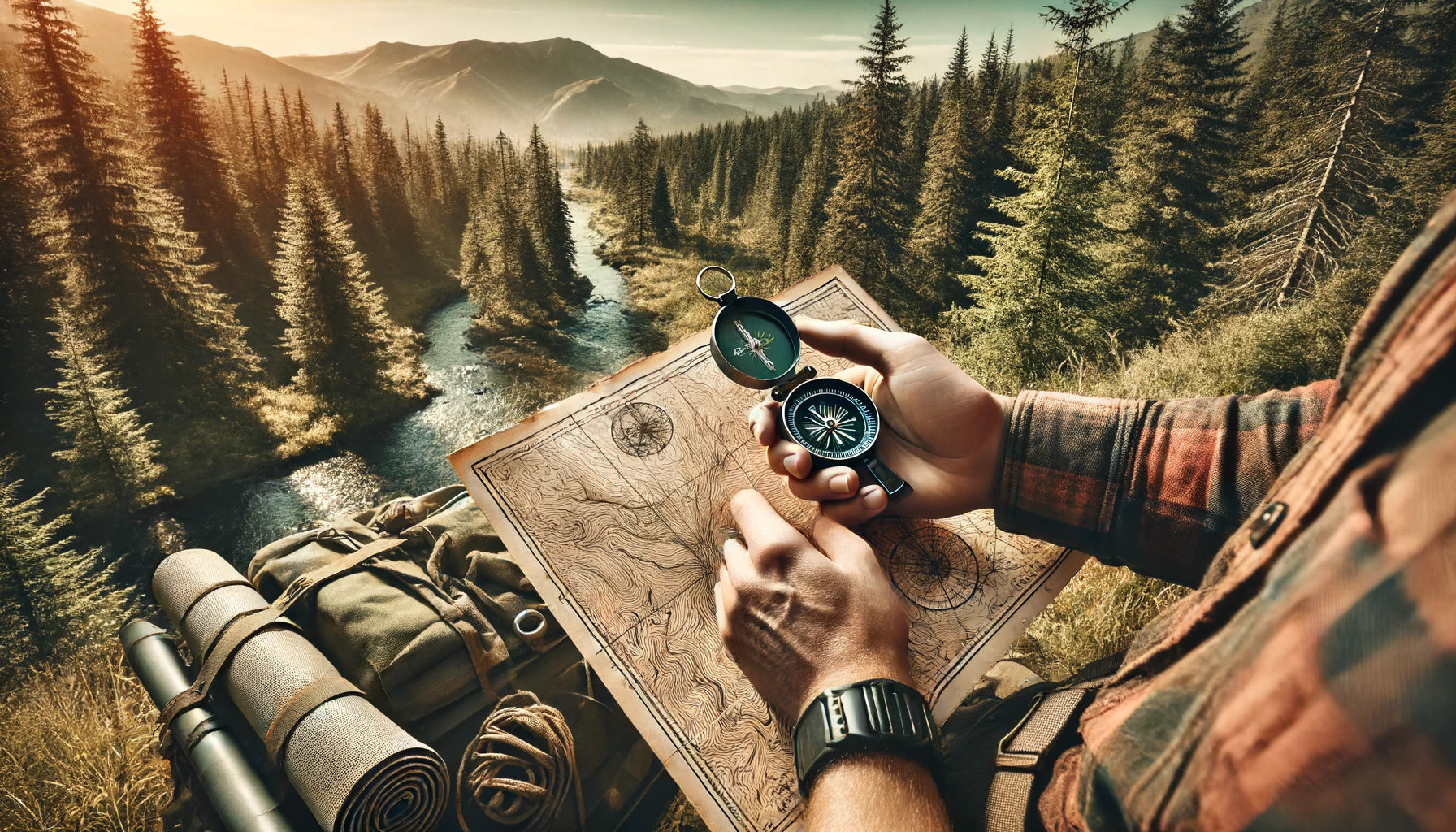 A person in the wilderness using navigation tools, holding a compass and a topographic map while looking at the landscape to take a bearing. They are surrounded by dense forest with tall trees and a clear sky.
