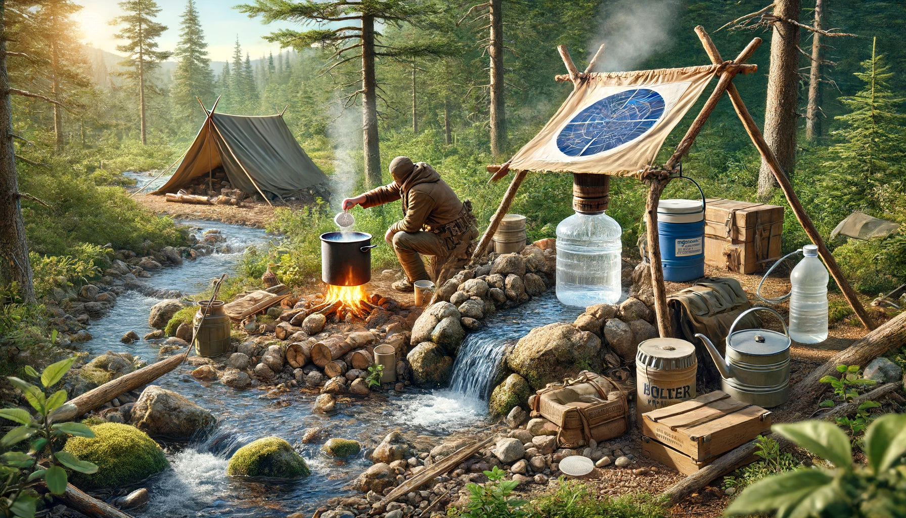 A detailed scene of a person in the wilderness collecting and purifying water. The person is using a solar still with a plastic sheet covering a hole in the ground and a rock placed in the center to direct water into a container.