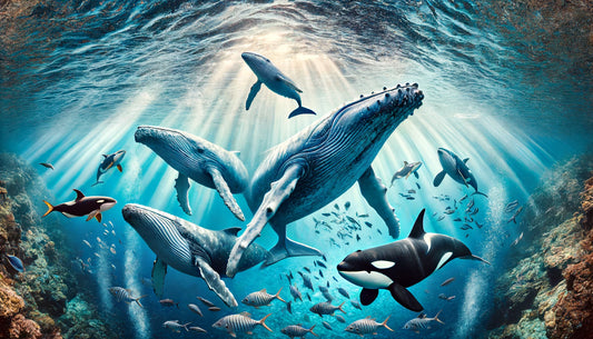 stunning underwater scene featuring a variety of whale species, including a blue whale, humpback whale, and orca swimming together.