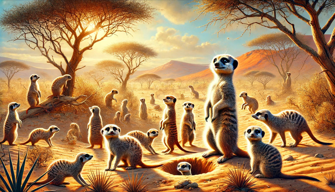 lively scene of meerkats in their natural desert habitat, depicting their daily activities and interactions in the warm, golden light of the Kalahari Desert. Enjoy the vibrant and engaging depiction of meerkat life!
