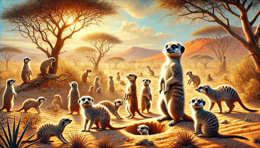 lively scene of meerkats in their natural desert habitat, depicting their daily activities and interactions in the warm, golden light of the Kalahari Desert. Enjoy the vibrant and engaging depiction of meerkat life!
