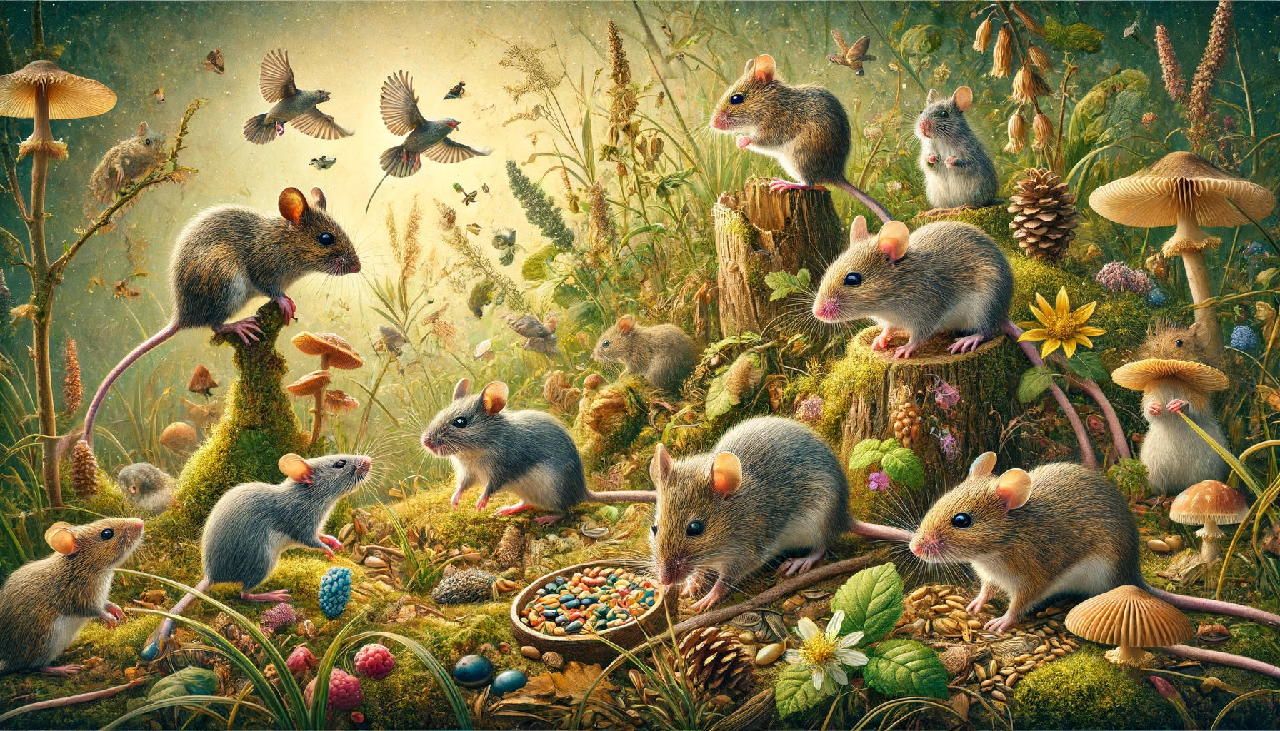 a vibrant and detailed scene featuring wild mice in their natural habitat. The diverse behaviors and interactions of these small yet vital creatures are beautifully captured in their lush forest environment.