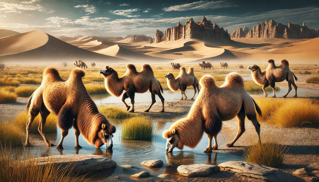 Captivating scene featuring wild camels in their natural desert habitat. The image shows Bactrian camels with two humps and thick fur grazing on sparse vegetation, and dromedary camels with a single hump drinking from a rare water source. 