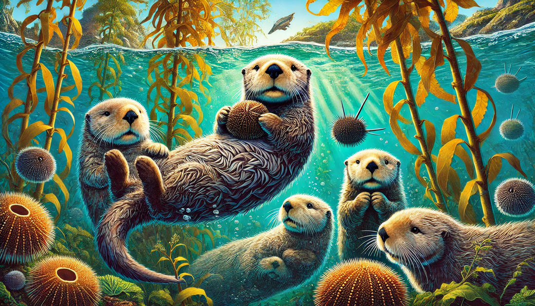 Illustration of several sea otters floating on their backs in a kelp forest, with one otter holding a sea urchin on its chest. The background includes clear blue water, lush kelp, and various marine life. 