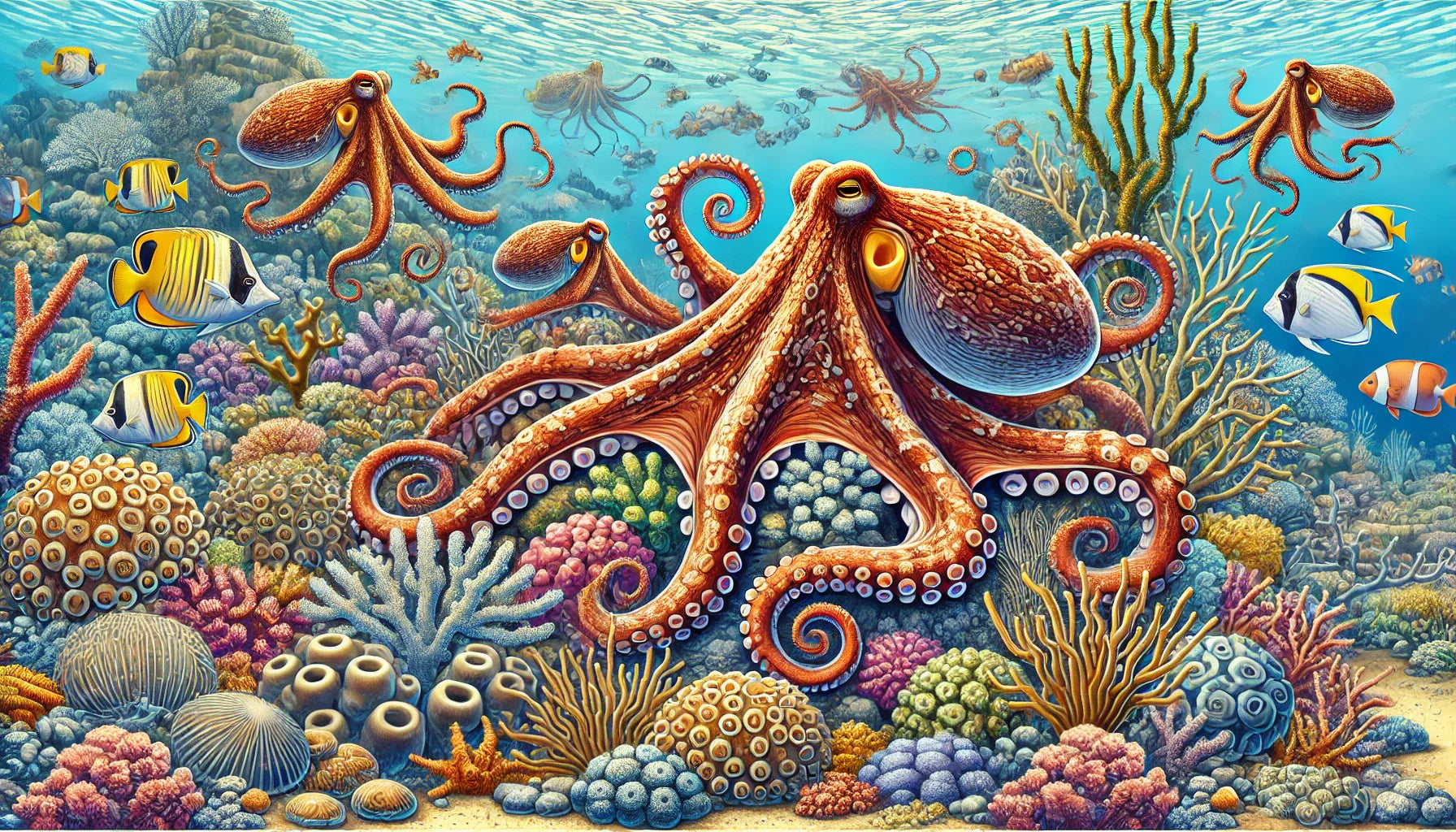 Bright orange octopus with curled tentacles resting on a vibrant coral reef among colorful fish.