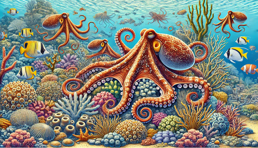 Bright orange octopus with curled tentacles resting on a vibrant coral reef among colorful fish.