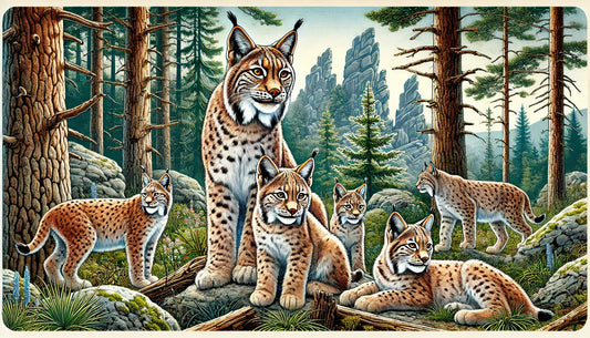 Illustration of several lynxes, including a mother with her kittens, in a dense forest with tall trees and underbrush. The background includes rocky formations and a clear sky. 
