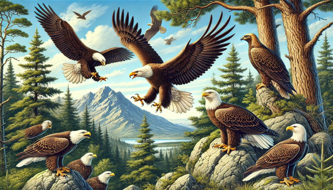 Illustration of several eagles, including a bald eagle and a golden eagle, soaring in the sky and perched on tall trees and rocky outcrops. The background includes a clear blue sky, mountains, and a lush forest below. 