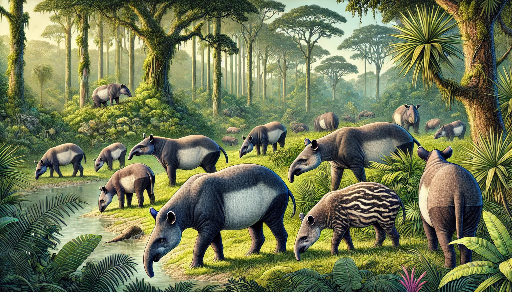 Illustration of several tapirs grazing and resting in their natural habitat. The scene includes a dense tropical rainforest with tall trees, lush green foliage, and a nearby water source.