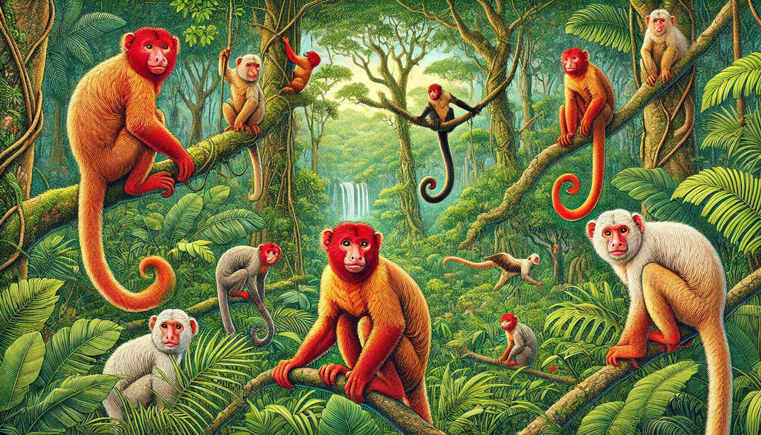 Illustration of several uakaris with striking red faces and short tails, climbing and resting in their natural habitat. The scene includes a dense Amazon rainforest with tall trees, lush green foliage, and a variety of plants.