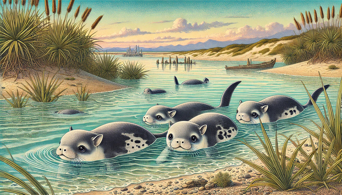 Illustration of several vaquitas swimming in the shallow, turbid waters of the northern Gulf of California. The scene includes a coastal landscape with calm seas, aquatic plants, and some land features in the background.