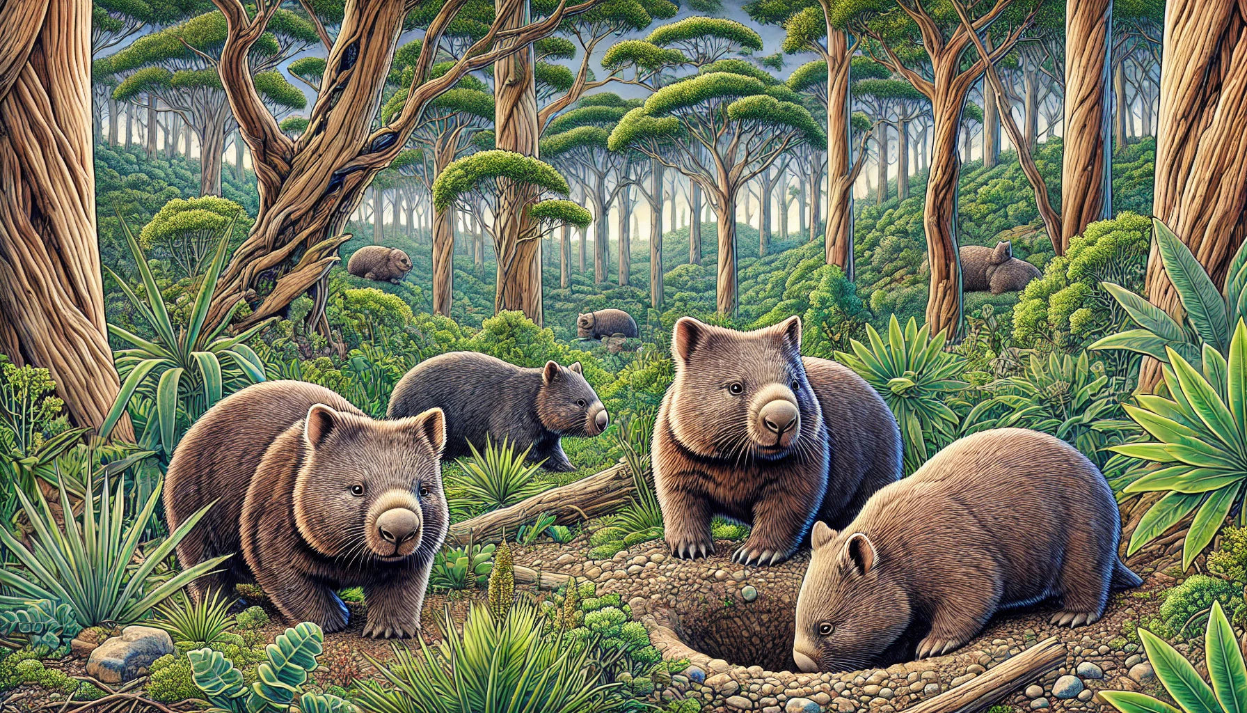 Illustration of several wombats grazing and burrowing in their natural habitat. The scene includes an Australian forest with tall trees, lush green foliage, and visible burrow entrances.