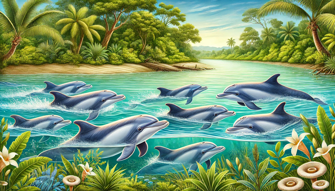 Illustration of several Irrawaddy dolphins swimming in their natural freshwater habitat. The scene includes a clear river with lush vegetation and aquatic plants, surrounded by a riverbank with tropical trees and a serene, blue sky.