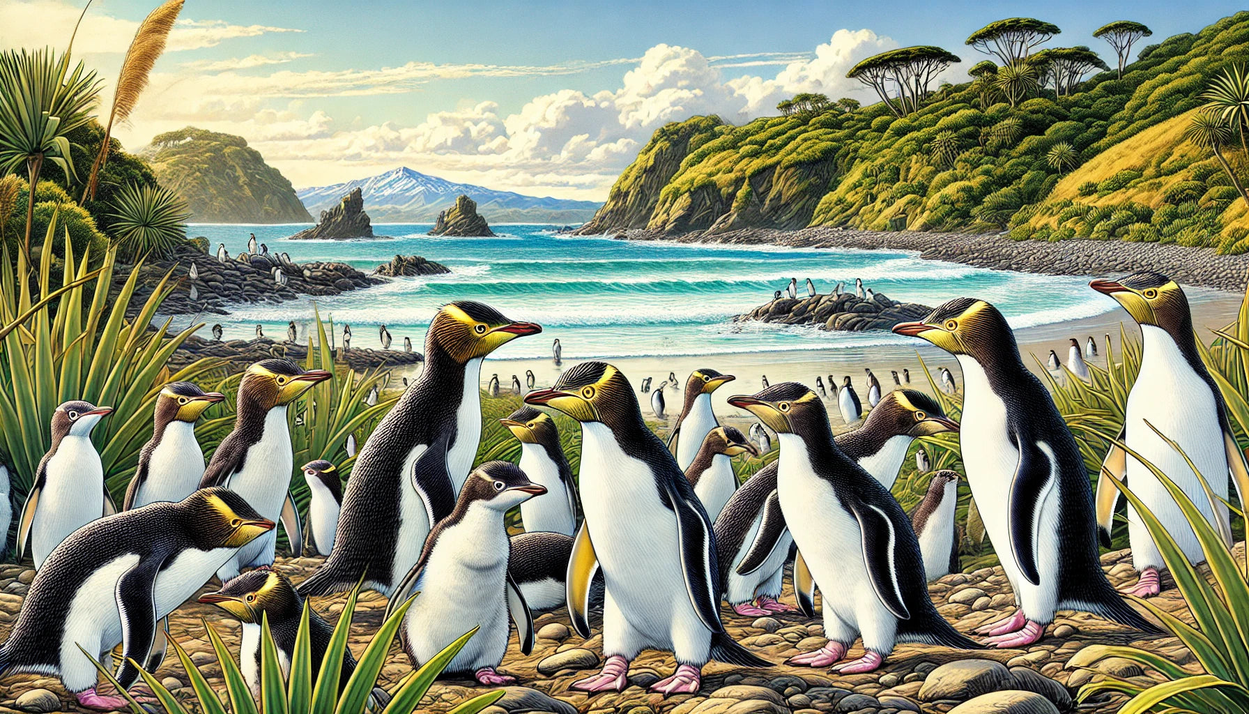 Illustration of several Yellow-eyed Penguins in their natural coastal habitat, featuring distinctive pale yellow eyes and yellow head bands. 