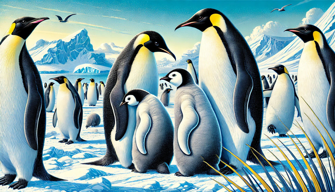 Illustration of several Emperor Penguins in their natural Antarctic habitat, featuring distinctive black and white plumage, yellow ear patches, and large size. 