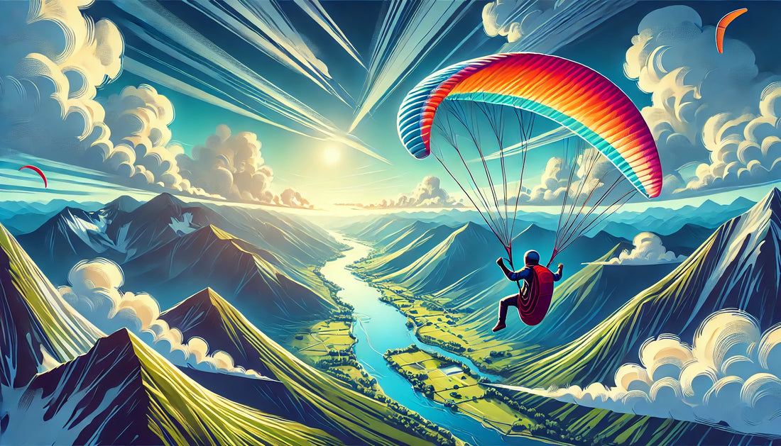 A vibrant and dynamic illustration of a paraglider soaring high above stunning landscapes, showcasing the thrill and beauty of paragliding.