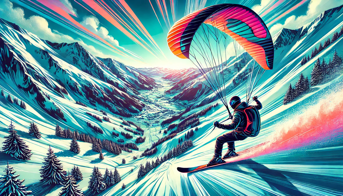 A vibrant and dynamic illustration of a speed flyer gliding down a snowy mountain slope, showcasing the thrill and excitement of speed flying.